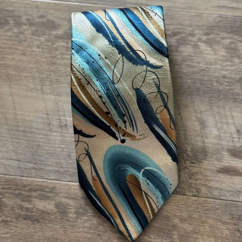J. Garcia Extra Long 100% Silk Abstract Blue Gold Men's Neck Tie Clockworks